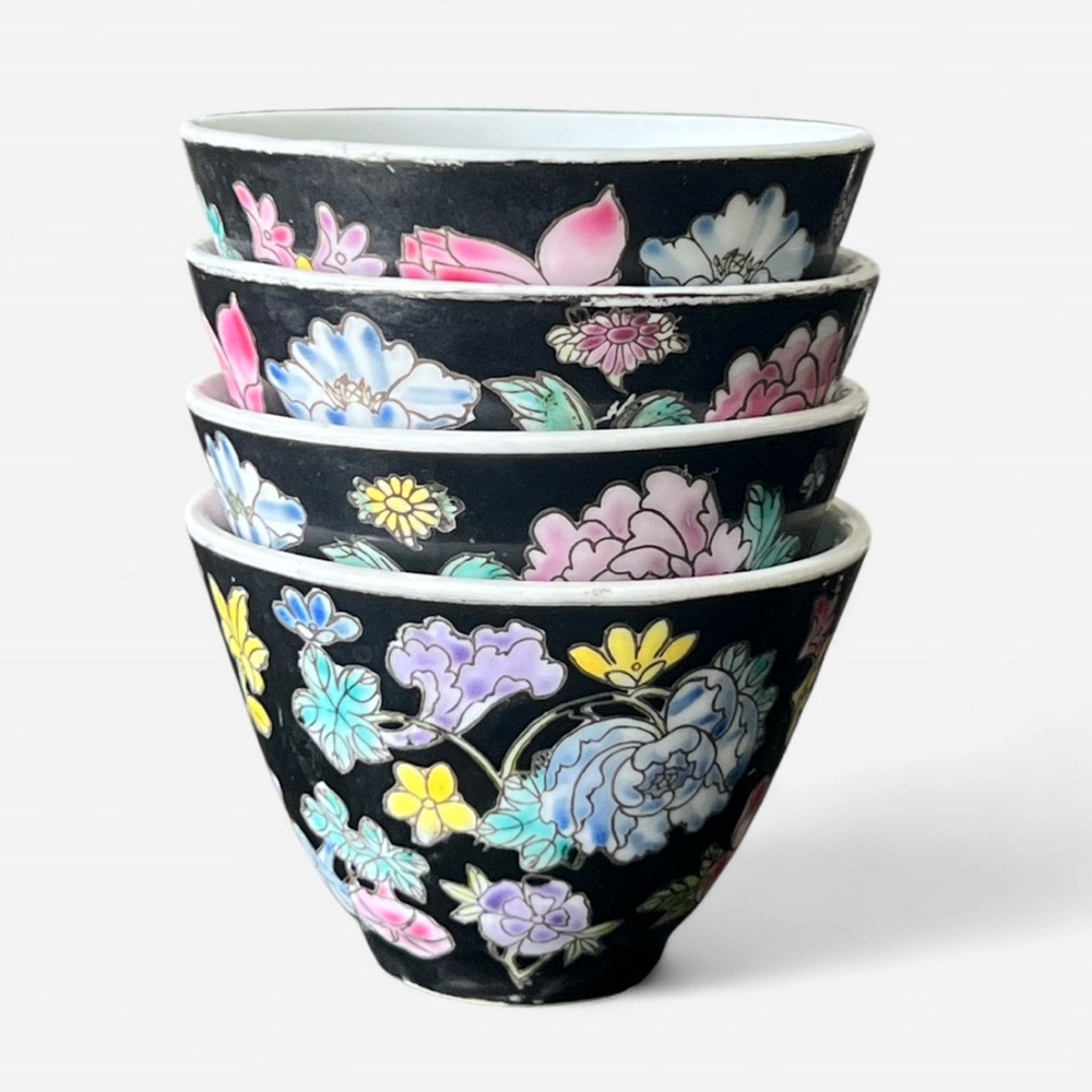 (4) VINTAGE Jingdezhen Chinese Famille Noire Tea Cups - Picture 2 of 8